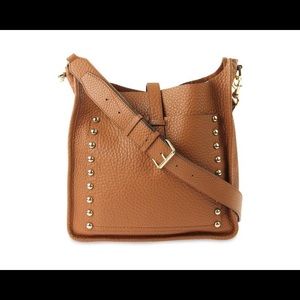 Studded Small Unlined Feed Almond Brown Leather Cross Body Bag